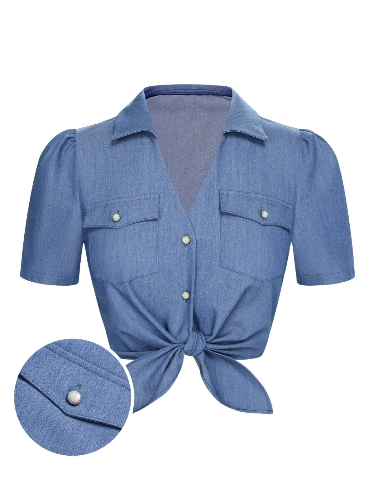 Online Retro Stage 1950s Solid Waist Tie Lapel Blouse Blue