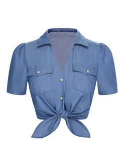 Online Retro Stage 1950s Solid Waist Tie Lapel Blouse Blue