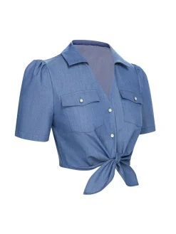 Online Retro Stage 1950s Solid Waist Tie Lapel Blouse Blue