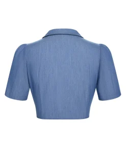 Online Retro Stage 1950s Solid Waist Tie Lapel Blouse Blue