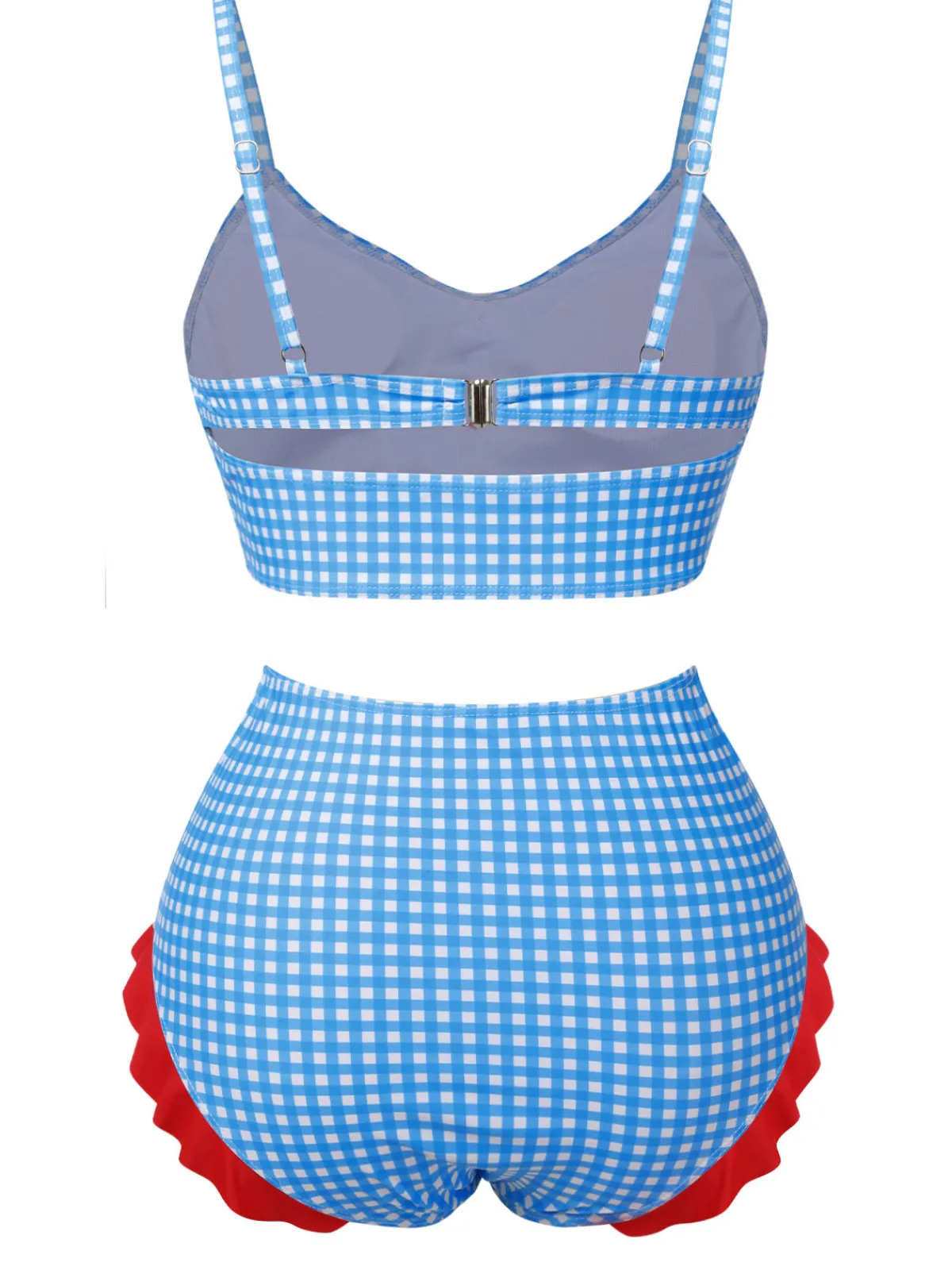 Sale Retro Stage 1950s Spaghetti Strap Button Plaids Swimsuit Blue