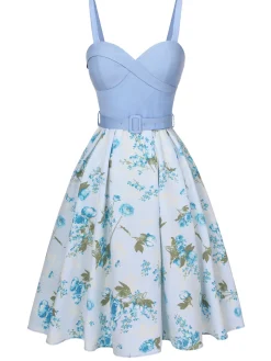 Discount Retro Stage 1950s Spaghetti Strap Floral Belted Dress Blue