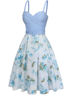 Discount Retro Stage 1950s Spaghetti Strap Floral Belted Dress Blue