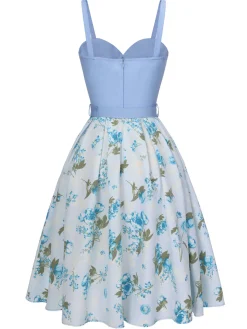 Discount Retro Stage 1950s Spaghetti Strap Floral Belted Dress Blue