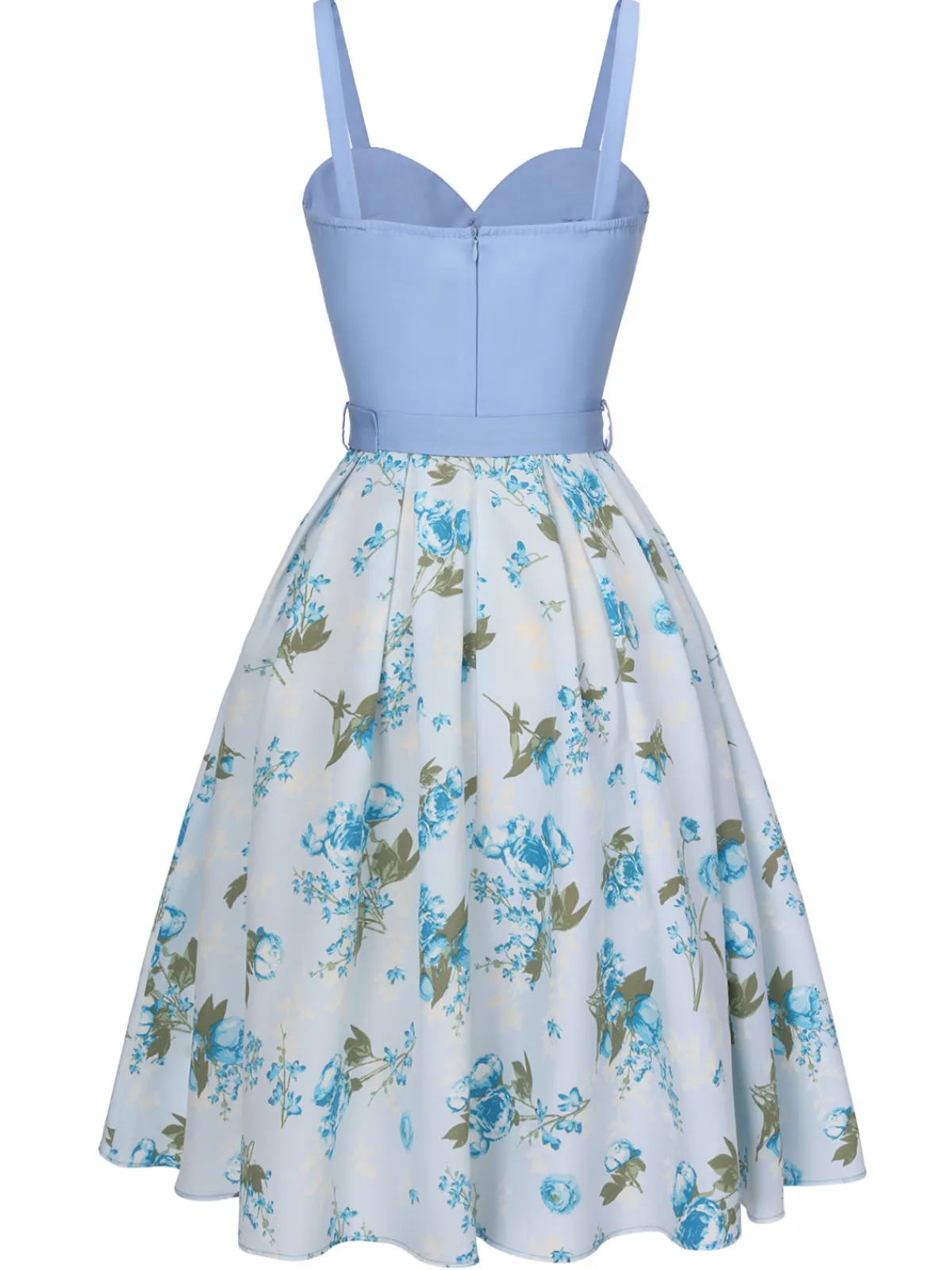 Discount Retro Stage 1950s Spaghetti Strap Floral Belted Dress Blue