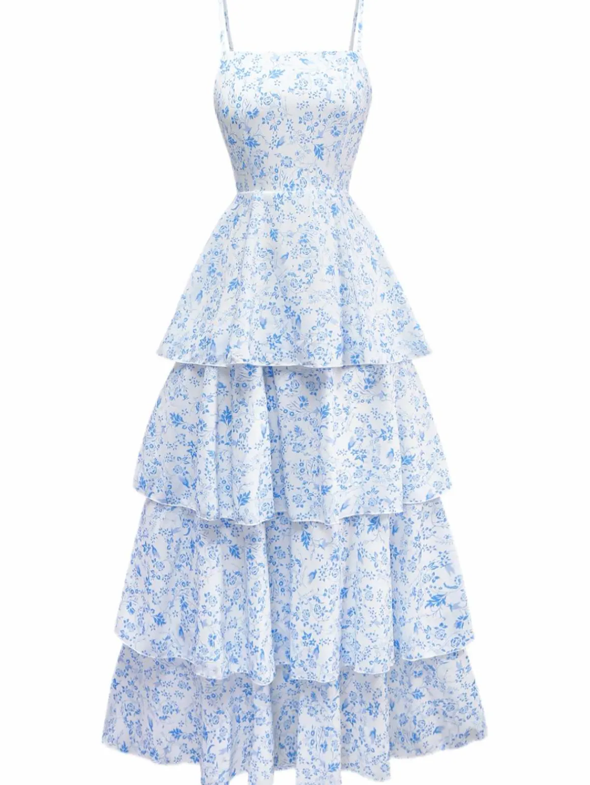 Best Retro Stage Blue 1970s Spaghetti Strap Floral Tiered Dress Light Blue