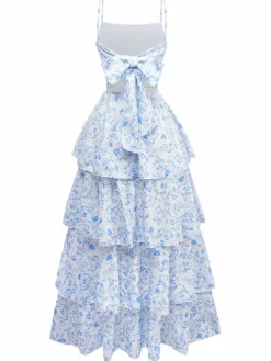 Best Retro Stage Blue 1970s Spaghetti Strap Floral Tiered Dress Light Blue
