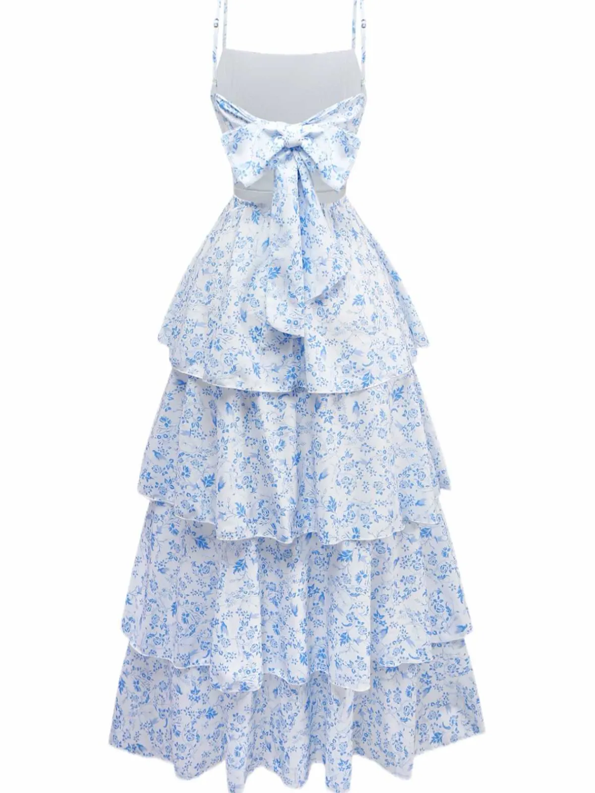 Best Retro Stage Blue 1970s Spaghetti Strap Floral Tiered Dress Light Blue