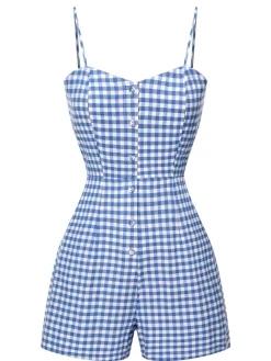 Discount Retro Stage 1960s Spaghetti Strap Plaids Romper Blue