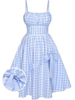 New Retro Stage 1950s Spaghetti Strap Plaids Bow Decor Dress Blue