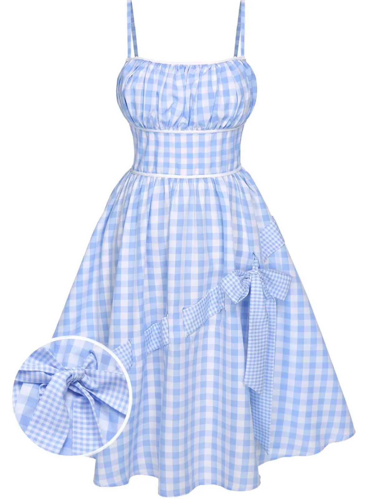 New Retro Stage 1950s Spaghetti Strap Plaids Bow Decor Dress Blue
