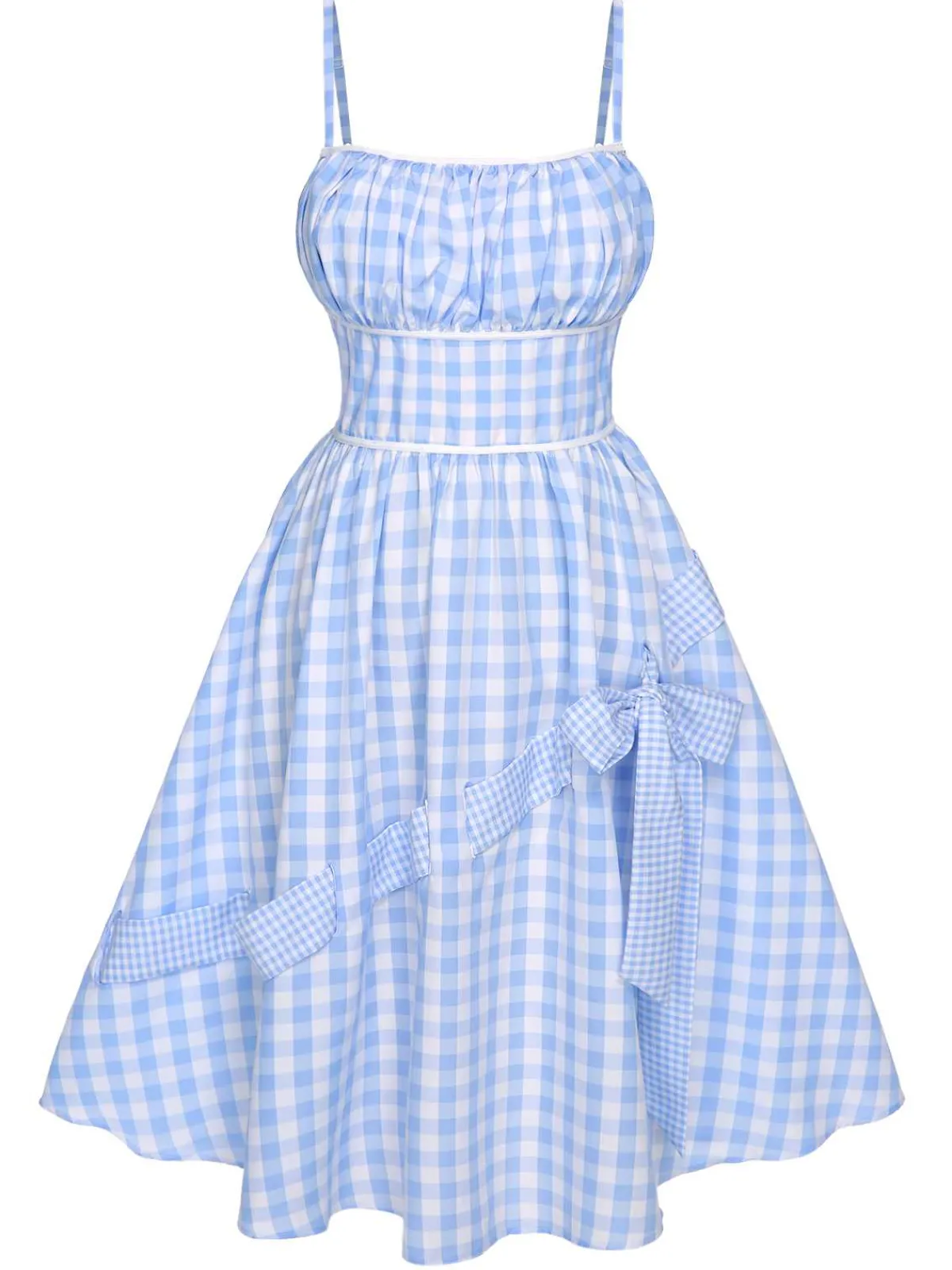 New Retro Stage 1950s Spaghetti Strap Plaids Bow Decor Dress Blue