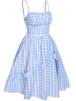 New Retro Stage 1950s Spaghetti Strap Plaids Bow Decor Dress Blue