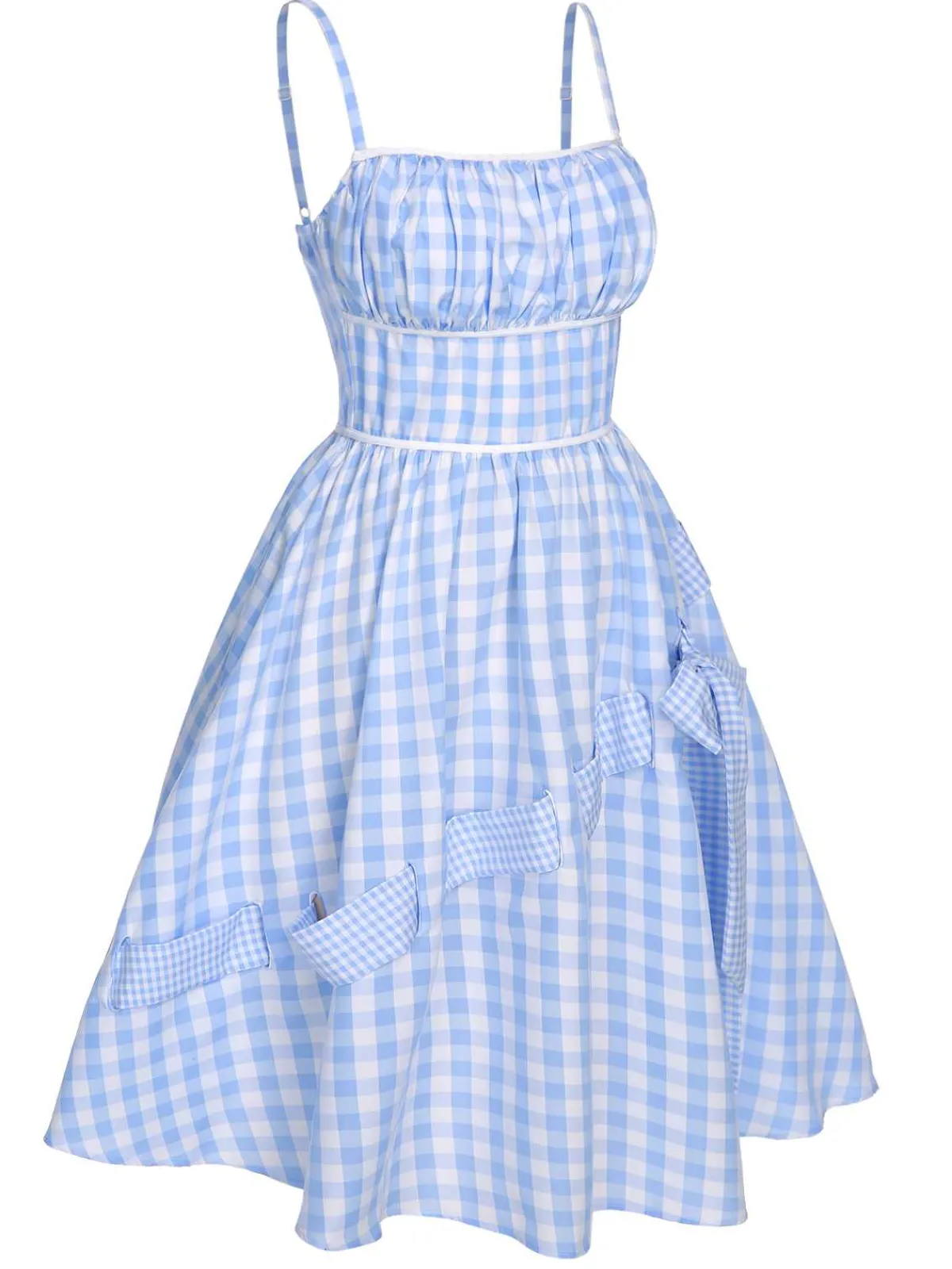 New Retro Stage 1950s Spaghetti Strap Plaids Bow Decor Dress Blue