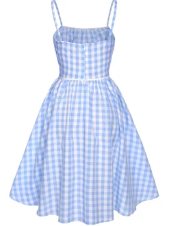 New Retro Stage 1950s Spaghetti Strap Plaids Bow Decor Dress Blue