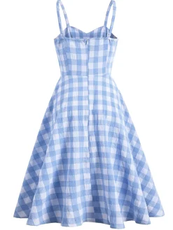 Hot Retro Stage 1950s Spaghetti Strap Plaid Dress Blue