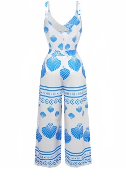 Discount Retro Stage 1930s Spaghetti Strap Seashell Print Belted Jumpsuit Blue