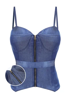 New Retro Stage 1940s Spaghetti Strap Zipper Top With Belt Blue