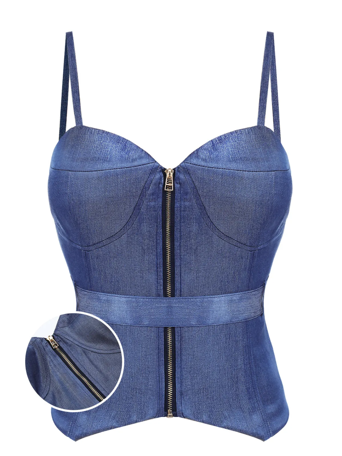 New Retro Stage 1940s Spaghetti Strap Zipper Top With Belt Blue