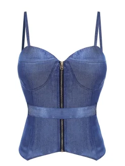 New Retro Stage 1940s Spaghetti Strap Zipper Top With Belt Blue
