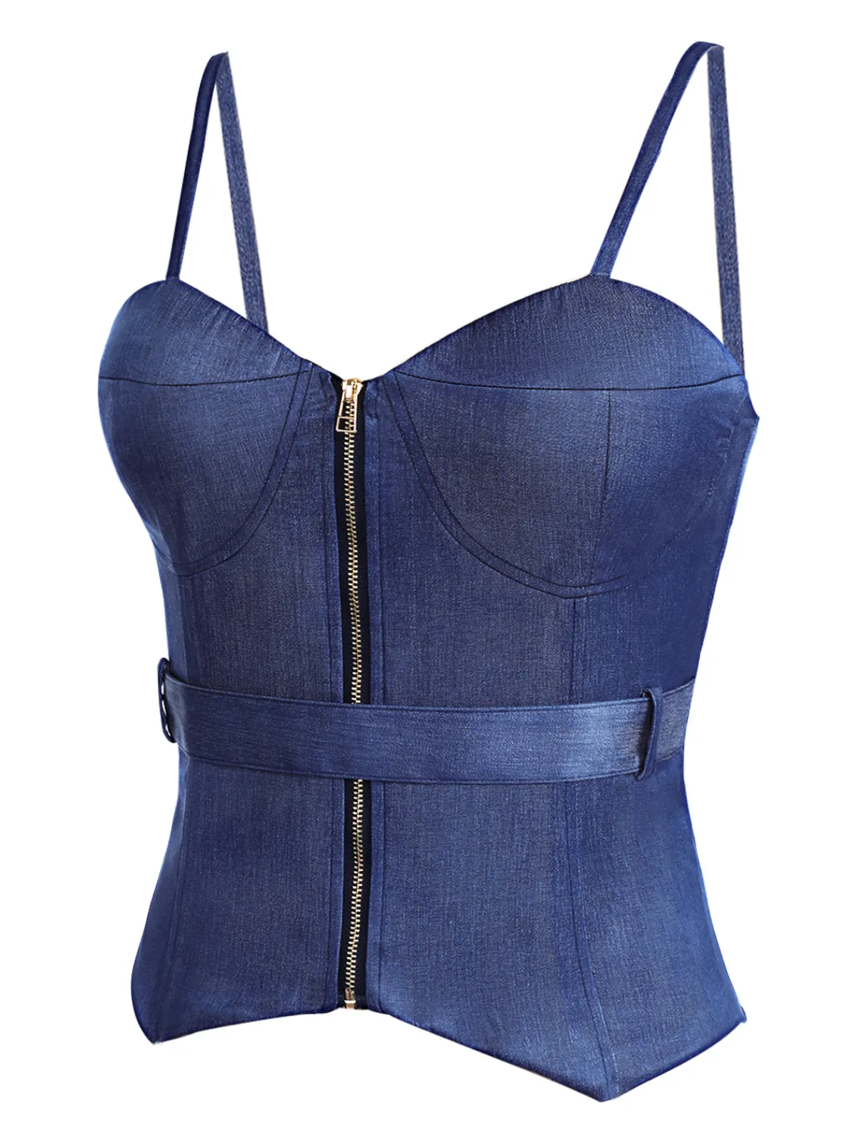 New Retro Stage 1940s Spaghetti Strap Zipper Top With Belt Blue
