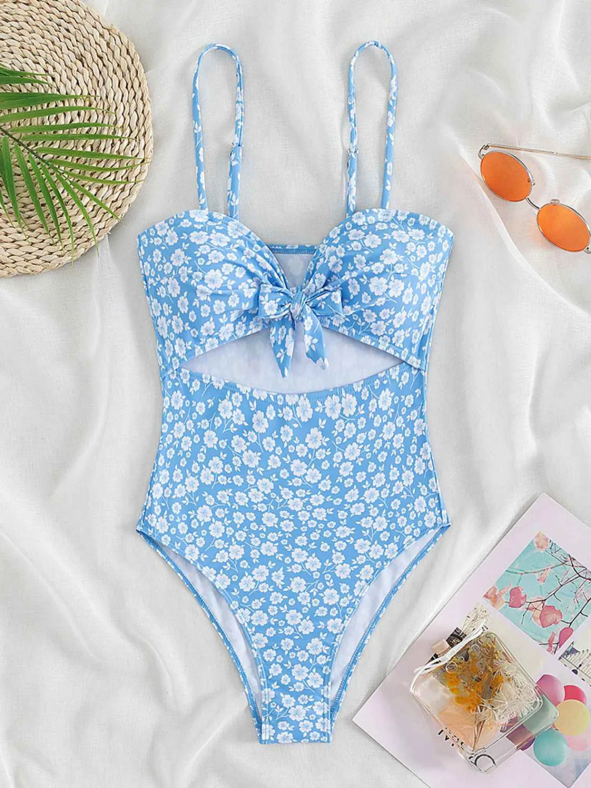 Hot Retro Stage Blue 1950s Spaghetti Straps Hollow Floral Swimsuit Light Blue