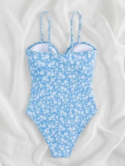 Hot Retro Stage Blue 1950s Spaghetti Straps Hollow Floral Swimsuit Light Blue