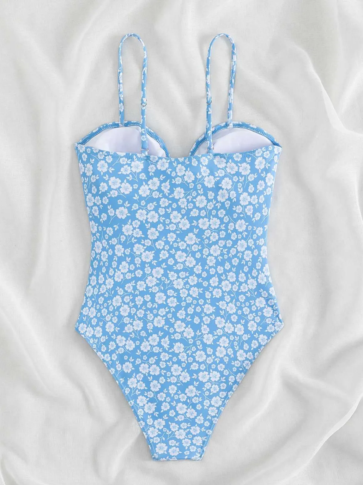 Hot Retro Stage Blue 1950s Spaghetti Straps Hollow Floral Swimsuit Light Blue