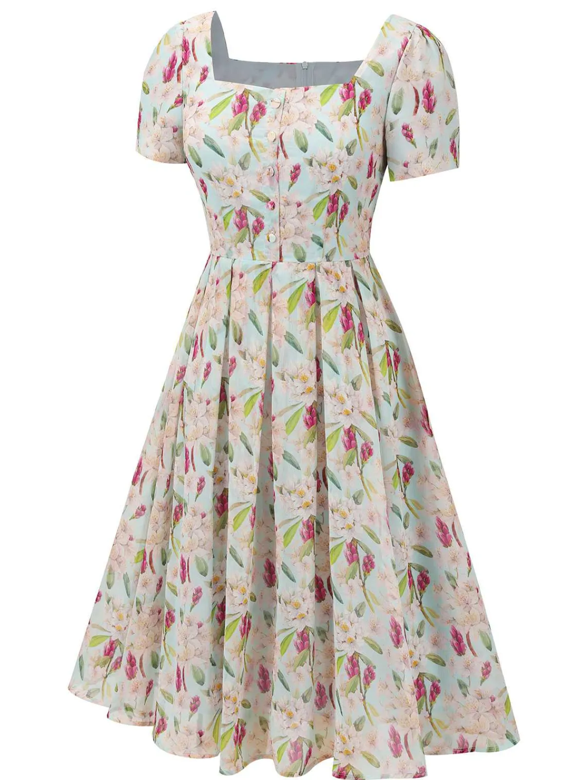Online Retro Stage 1950s Square Collar Floral Dress Blue