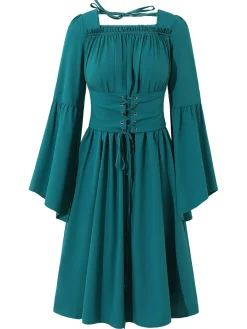 Online Retro Stage Blue 1940s Square Neck Lace-Up Ruched Dress Lake Blue