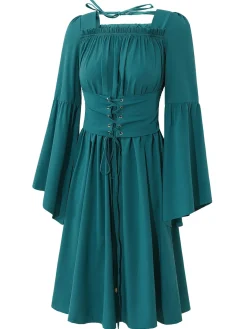 Online Retro Stage Blue 1940s Square Neck Lace-Up Ruched Dress Lake Blue
