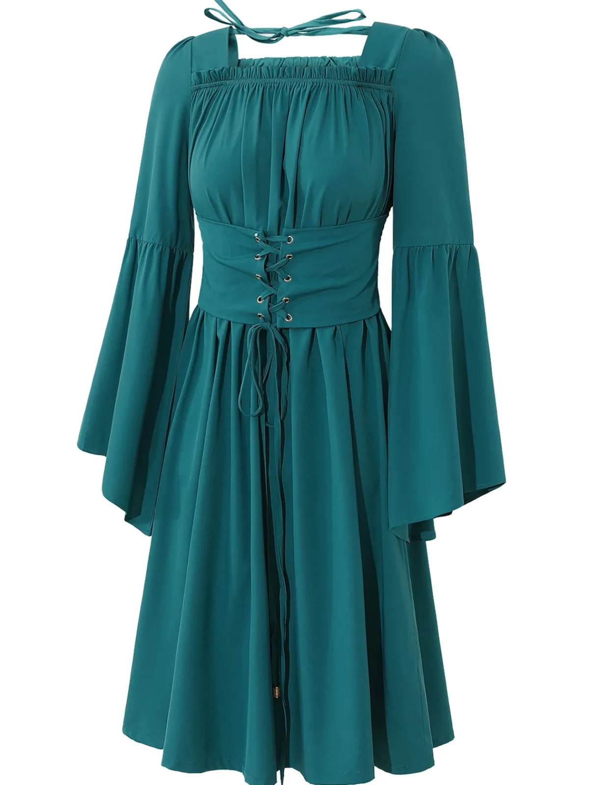 Online Retro Stage Blue 1940s Square Neck Lace-Up Ruched Dress Lake Blue