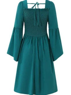 Online Retro Stage Blue 1940s Square Neck Lace-Up Ruched Dress Lake Blue