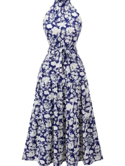 Hot Retro Stage 1930s Stand Collar Floral Dress Blue