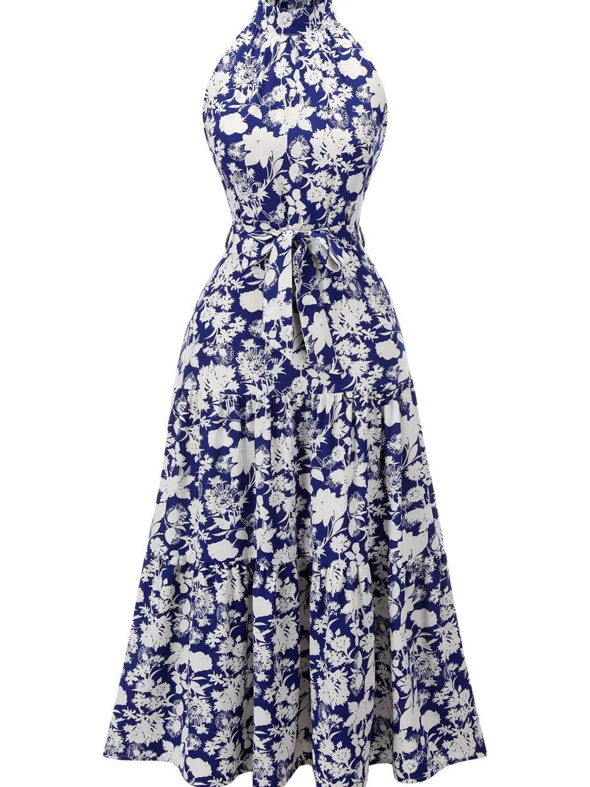 Hot Retro Stage 1930s Stand Collar Floral Dress Blue