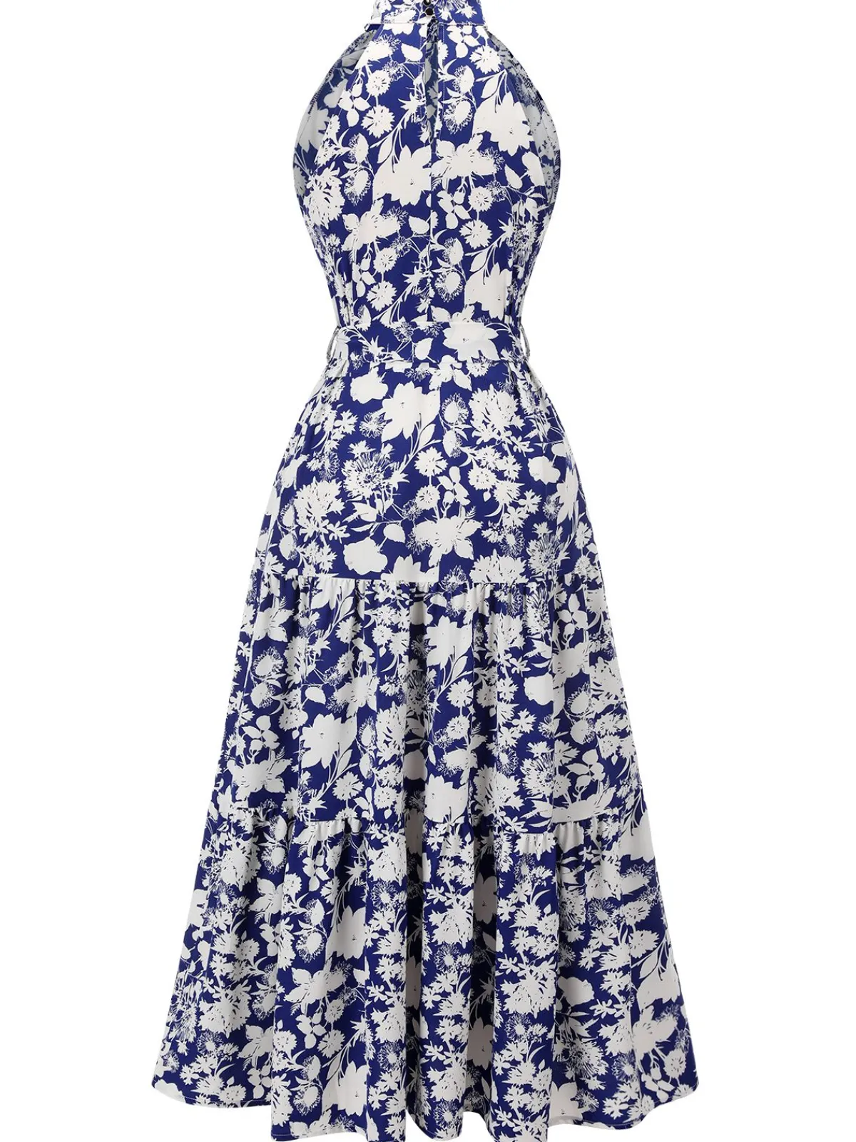 Hot Retro Stage 1930s Stand Collar Floral Dress Blue
