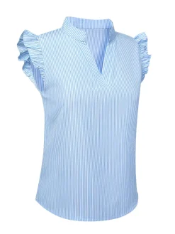 Clearance Retro Stage Blue 1950s Stand Collar Ruffle Sleeve Striped Blouse Light Blue