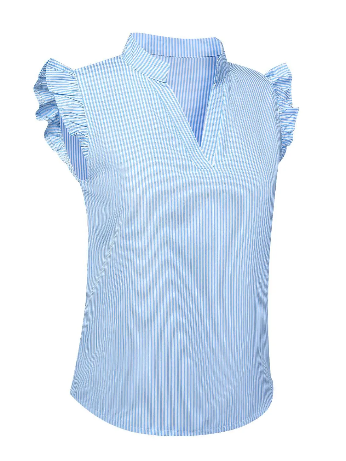 Clearance Retro Stage Blue 1950s Stand Collar Ruffle Sleeve Striped Blouse Light Blue