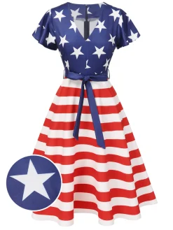 Discount Retro Stage 1950s Star Stripe V-Neck Patchwork Dress Blue