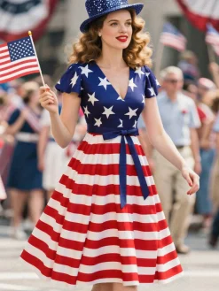 Discount Retro Stage 1950s Star Stripe V-Neck Patchwork Dress Blue
