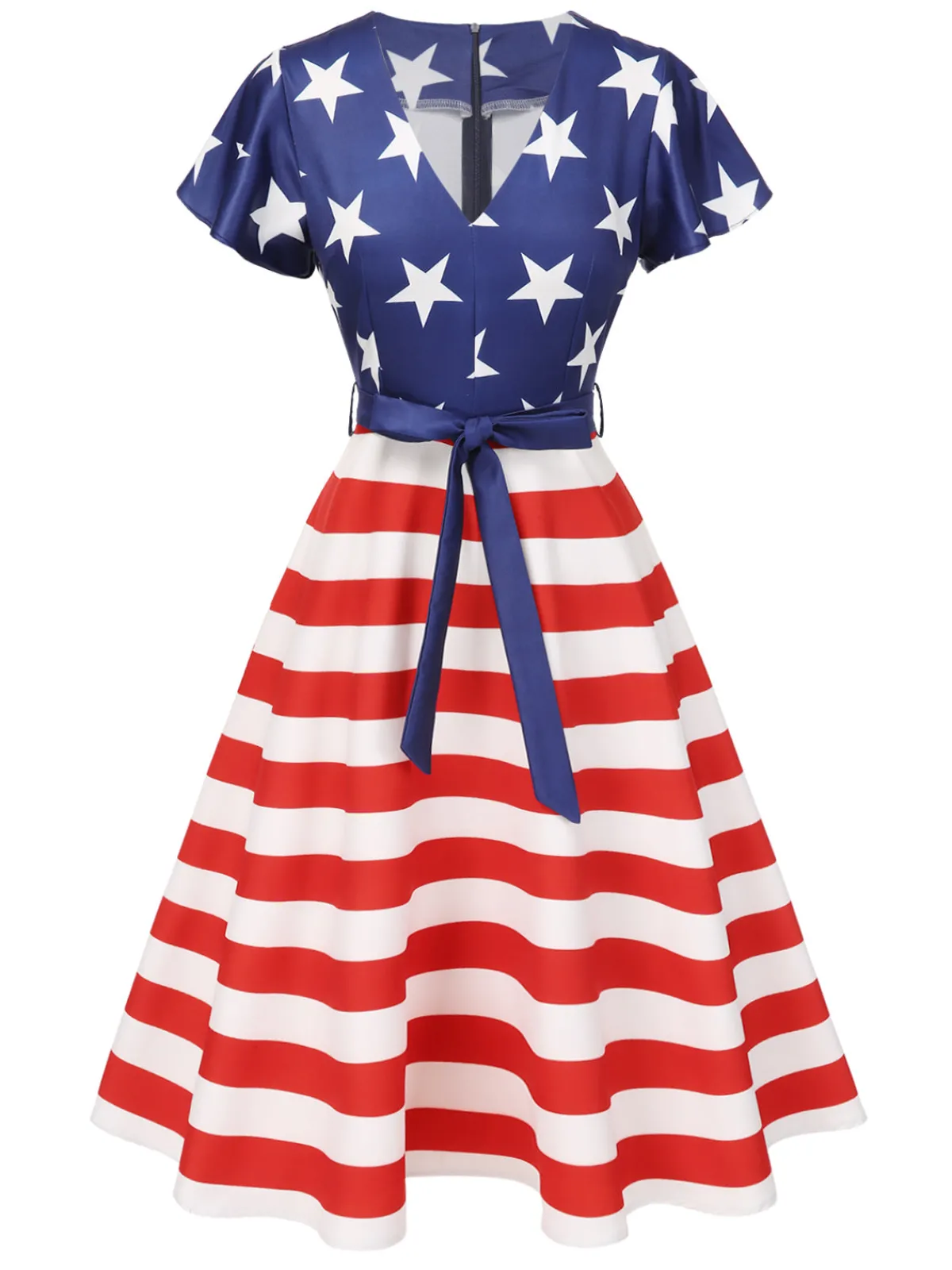Discount Retro Stage 1950s Star Stripe V-Neck Patchwork Dress Blue