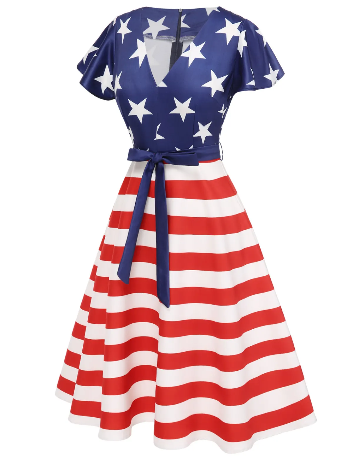 Discount Retro Stage 1950s Star Stripe V-Neck Patchwork Dress Blue