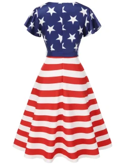 Discount Retro Stage 1950s Star Stripe V-Neck Patchwork Dress Blue
