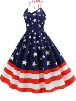 Clearance Retro Stage Blue 1950s Stars & Stripes Swing Dress Navy Blue