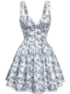 Online Retro Stage 1950s Strap Floral Lace Corset Dress Blue
