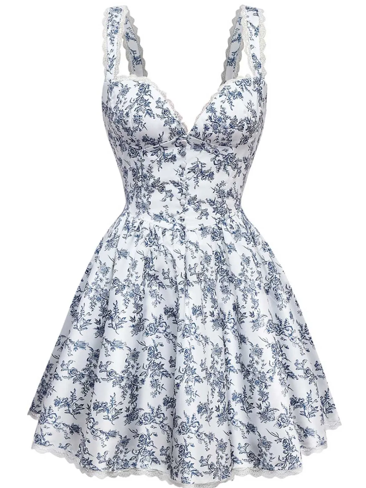 Online Retro Stage 1950s Strap Floral Lace Corset Dress Blue