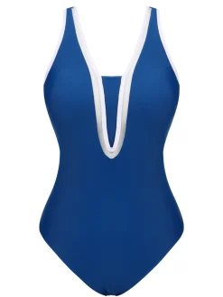 Fashion Retro Stage Blue 1930s Strap One-Piece Swimsuit Blue Gray