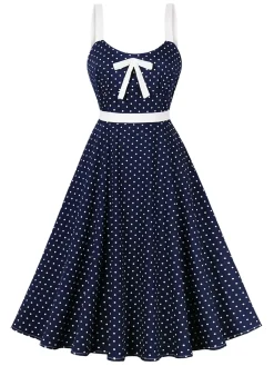 Fashion Retro Stage 1940s Strap Polka Dot Bow Belted Dress Blue