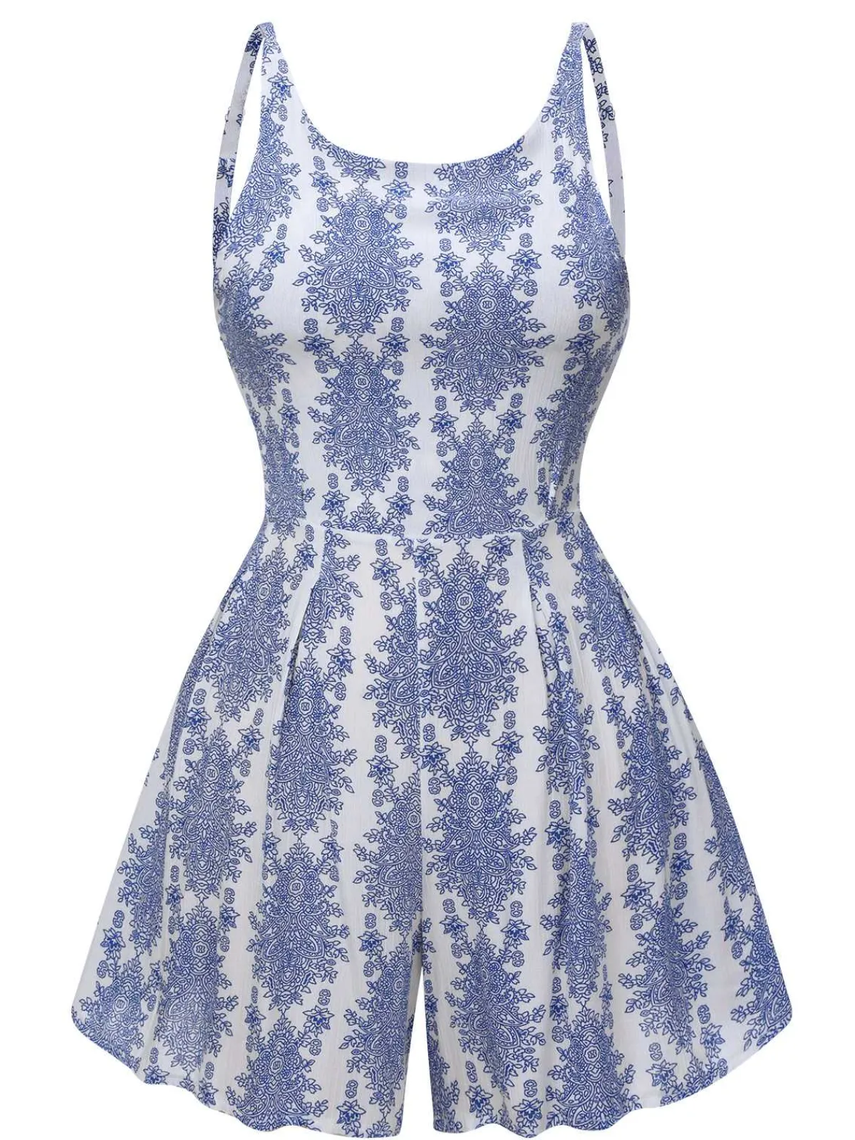 Best Retro Stage 1950s Strap Print Backless Romper Blue