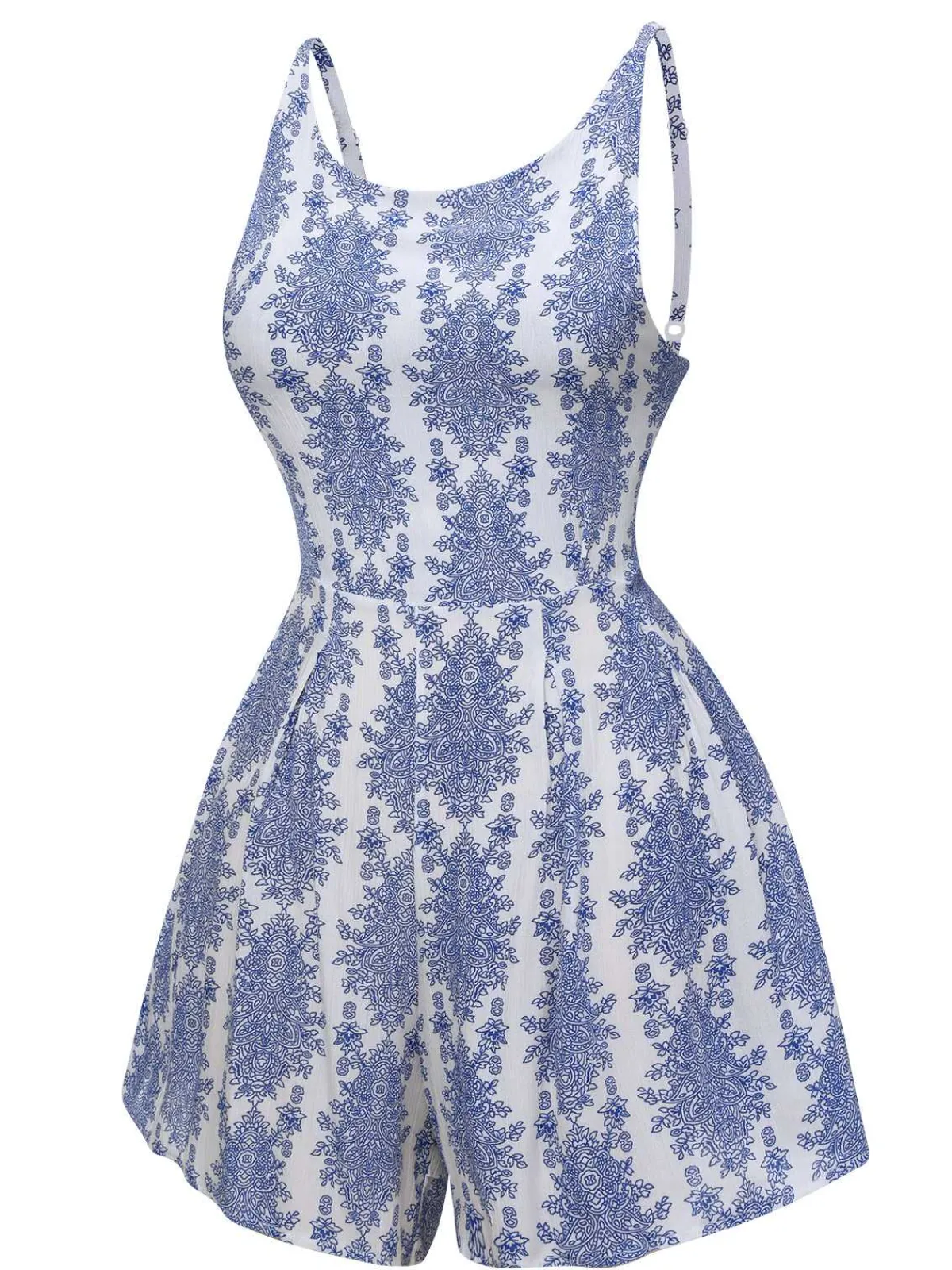 Best Retro Stage 1950s Strap Print Backless Romper Blue